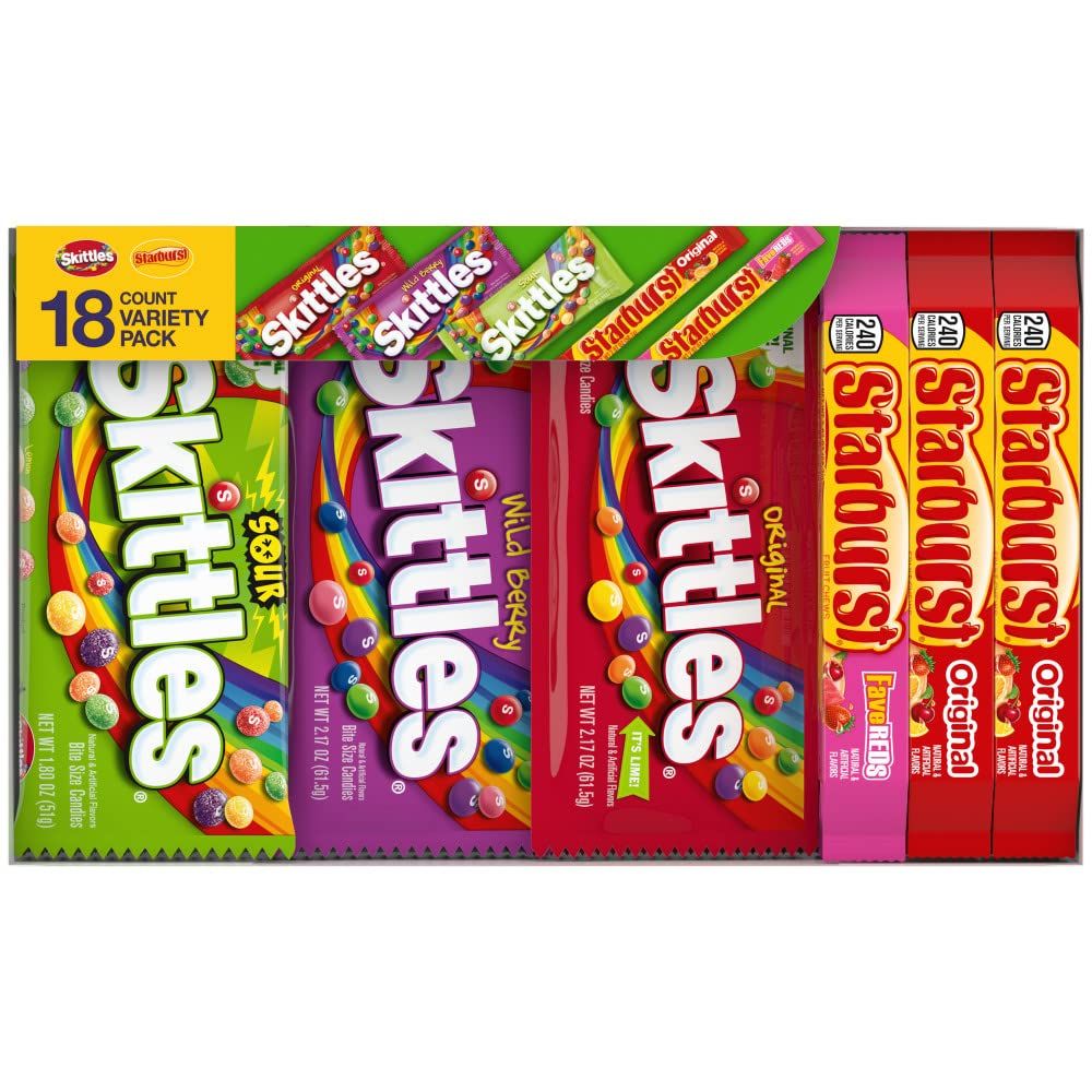 SKITTLES &amp; STARBURST Variety Pack Full Size Chewy Candy Assortment, 37.05 oz, 18 Bars