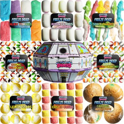 UFO Pack - 9 Kinds of Premium Freeze Dried Candy - Cosmic Crunchies, Moon Clouds, Space Sharks, Alien Tongues, Lemon Stars and More Shipped in a Spaceship Box for Protection