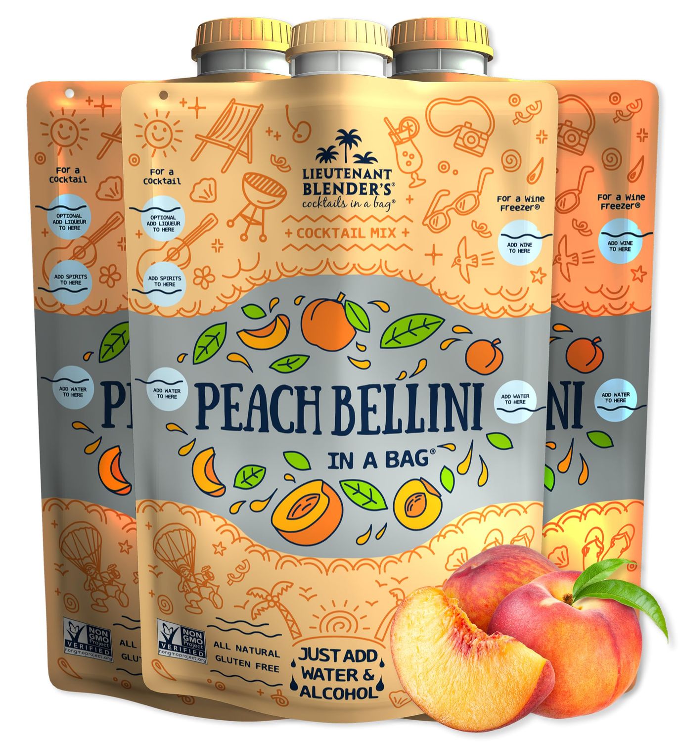 Lt. Blender&#39;s Peach Bellini in a Bag - Wine Slushie Mixes - Each Bag Makes 1/2 Gallon of Frozen Peach Bellini Mix - Non-GMO Wine Freezer mix - Make with Wine, Liquor or as a Mocktail - (Pack of 3)