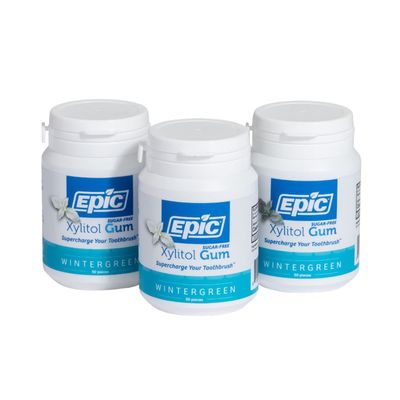 Epic Xylitol Chewing Gum - Sugar Free &amp; Aspartame Free Chewing Gum Sweetened w/Xylitol for Dry Mouth &amp; Gum Health (Wintergreen, 50-Piece Bottle, 3 Bottles)