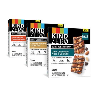 KIND ZERO Added Sugar Bars, Variety Pack, Dark Chocolate Nuts and Sea Salt, Peanut Butter, Caramel Almond, 1g Sugar, Keto Friendly Snacks, 5g Protein, 15 Count