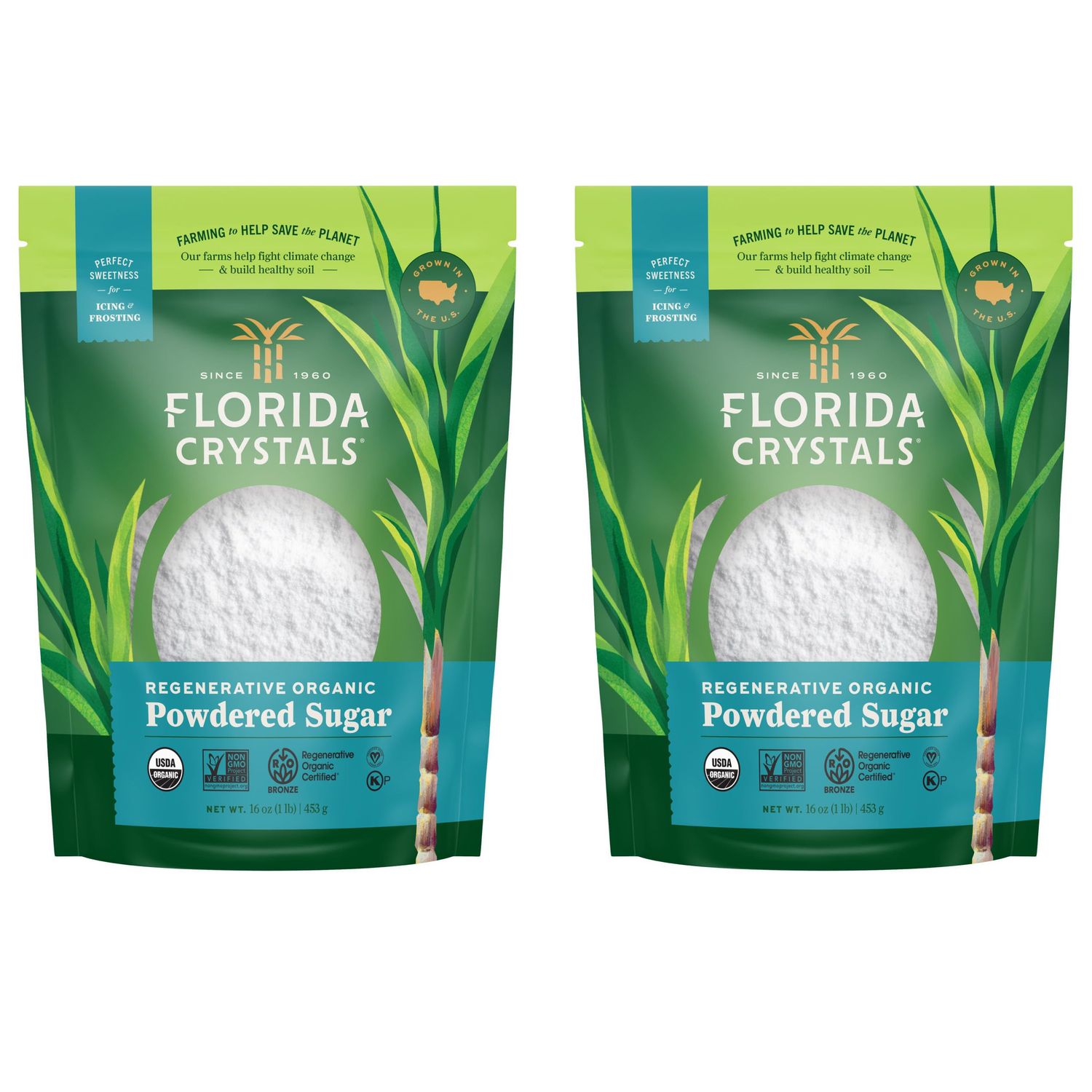 Florida Crystals Organic Regenerative Organic Powdered Sugar, 16 oz (1 lb) (Pack of 2)