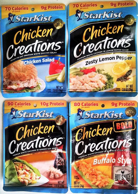 Starkist CHICKEN CREATIONS Ultimate Variety 4 Pack, NEW for 2018! 1 Pack each of TERIYAKI, CHICKEN SALAD, ZESTY LEMON PEPPER, BUFFALO STYLE + FREE pack of silver plastic utensils. 2.6 oz.