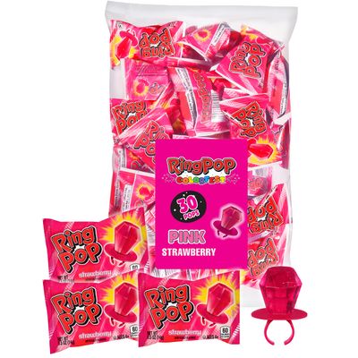 Ring Pop Individually Wrapped Pink Strawberry 30 Count Bulk Lollipop Pack - Strawberry Flavored Lollipop Suckers for Kids - Fun Candy Bulk for Gender Reveal Parties, Bachelorettes, &amp; Party Favors