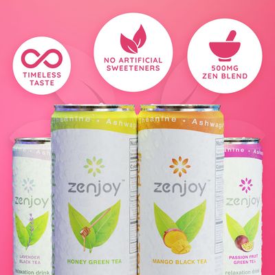 Zenjoy Variety 36 Pack - Calming Drink with Ashwagandha & Lemon Balm - Non-Alcoholic Beverage Infused with L-Theanine for Enhanced Focus - 12oz Cans