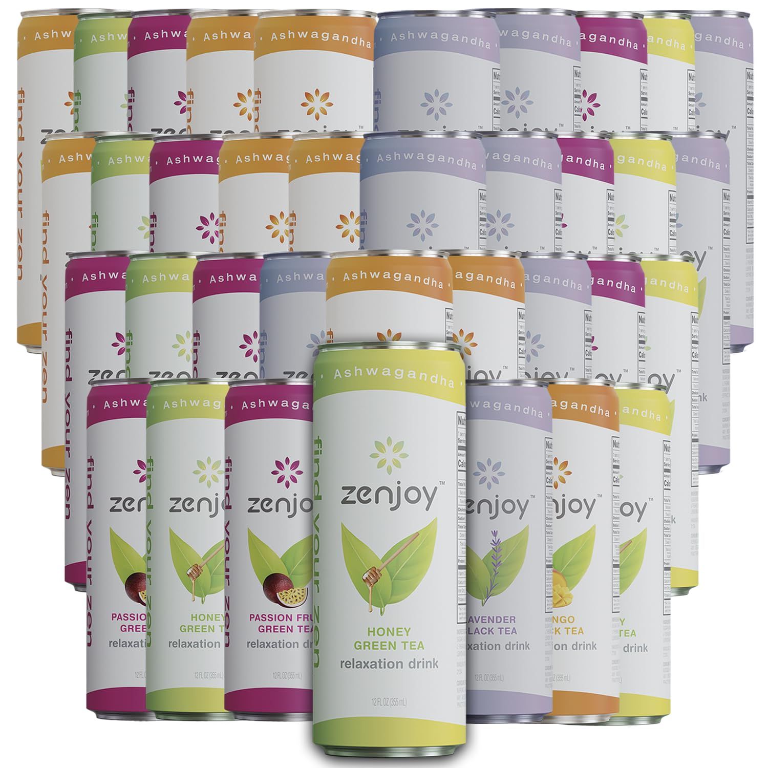 Zenjoy Variety 36 Pack - Calming Drink with Ashwagandha &amp; Lemon Balm - Non-Alcoholic Beverage Infused with L-Theanine for Enhanced Focus - 12oz Cans