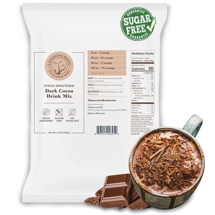 5 SPARROWS Sugar-Free Dark Chocolate Flavored Drink Mix- Stevia, Keto Friendly, No Sugar Coffee Creamer, 40 oz (2.5 lb)