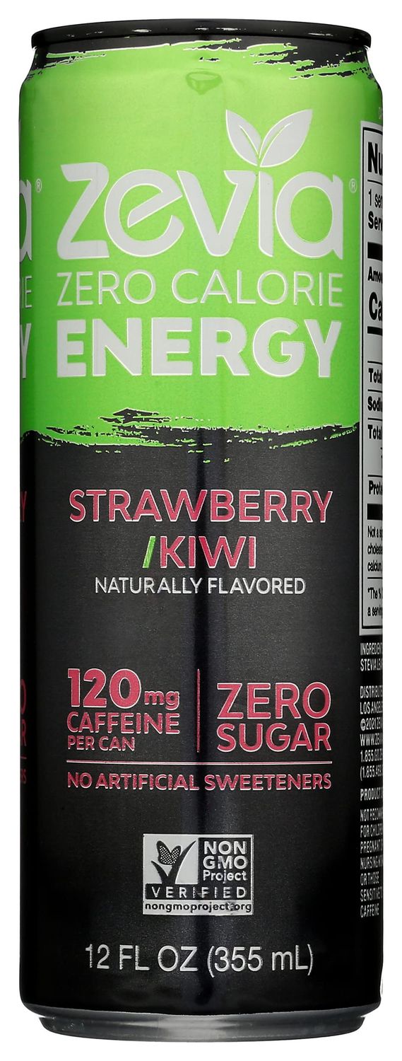Zevia Zero Calorie Energy Drink, Strawberry Kiwi, 120mg Caffeine, Zero Sugar, Non-GMO, 12 Fl Oz (Pack of 12)