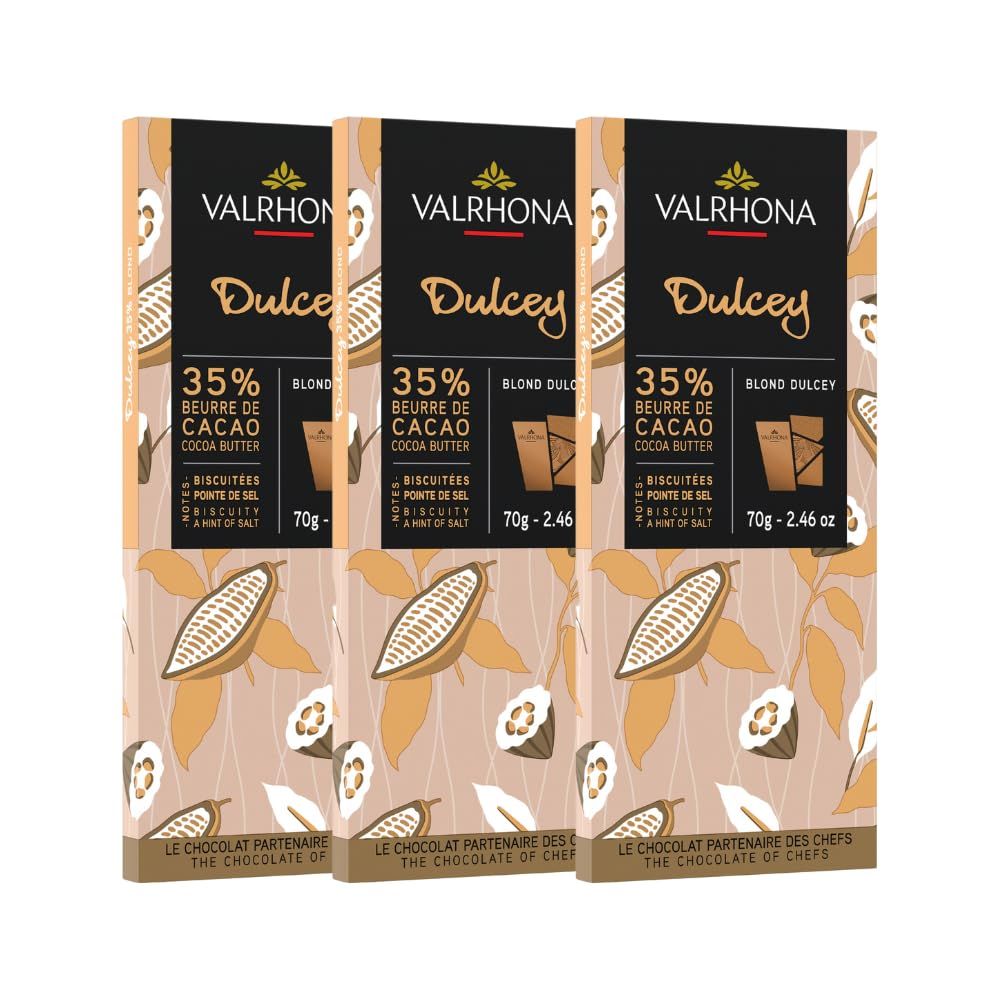 Valrhona Premium French Blonde Chocolate DULCEY 35% Cacao Tasting Bars - Creamy, Caramel Cookie Flavor Notes. Easy Melt and Tempering. Creamy and Balanced. Makes Luscious Frostings 70g (Pack of 3)