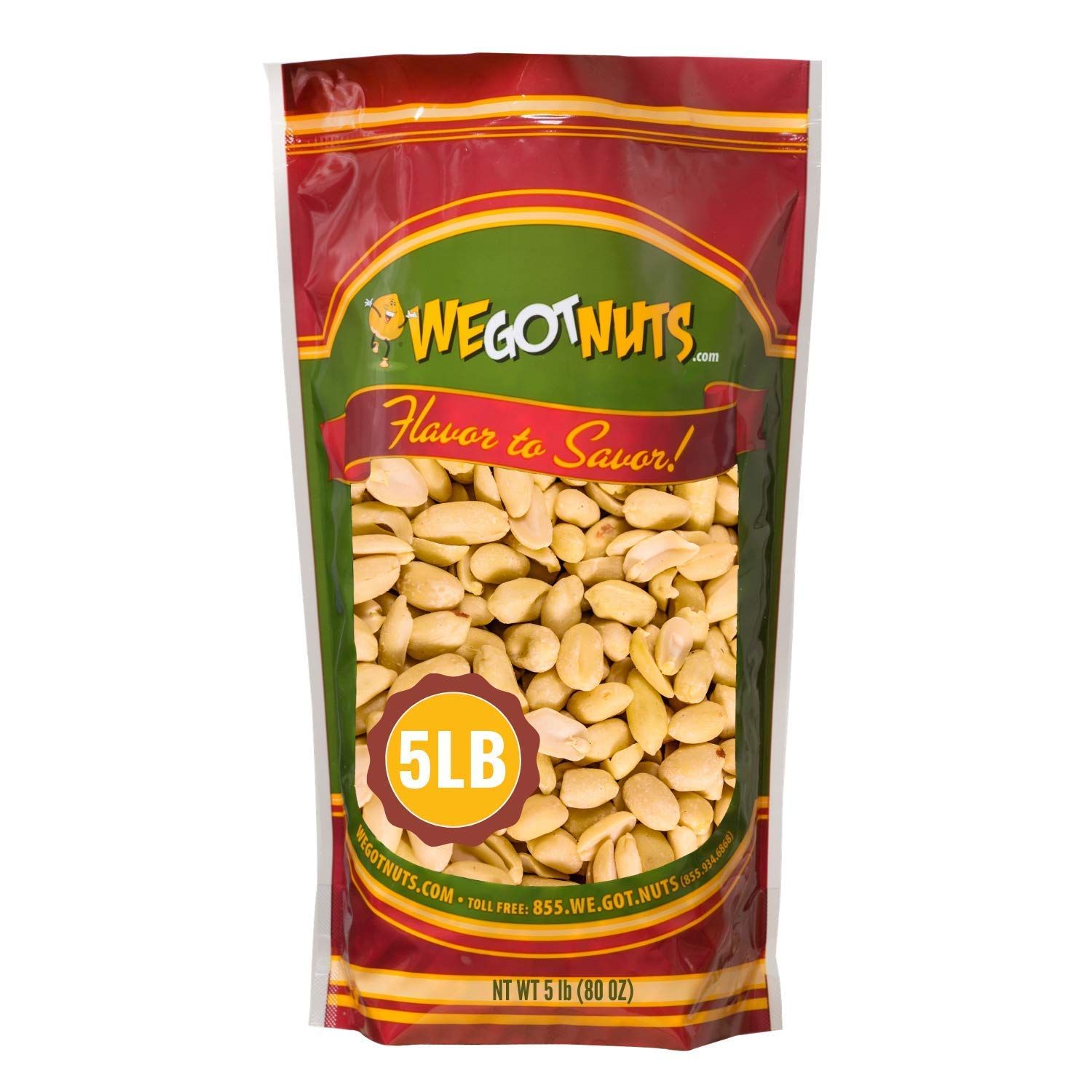 Roasted Unsalted Peanuts 5 Pounds (80oz) By We Got Nuts - Premium Quality Kosher Peanut - Healthy &amp; Natural Rich Flavor Snack - Great For DIY Homemade Peanut Butter - Air-Tight Resealable Bag Package