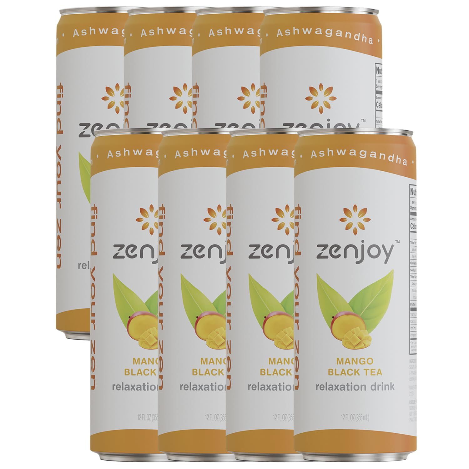 Zenjoy Mango Black Tea Relaxation Drink 8 Pack - Calming Drink with Ashwagandha &amp; Lemon Balm - Non-Alcoholic Beverage Infused with L-Theanine for Enhanced Focus - 12oz Cans
