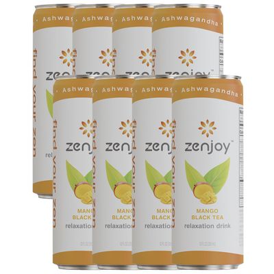 Zenjoy Mango Black Tea Relaxation Drink 8 Pack - Calming Drink with Ashwagandha &amp; Lemon Balm - Non-Alcoholic Beverage Infused with L-Theanine for Enhanced Focus - 12oz Cans