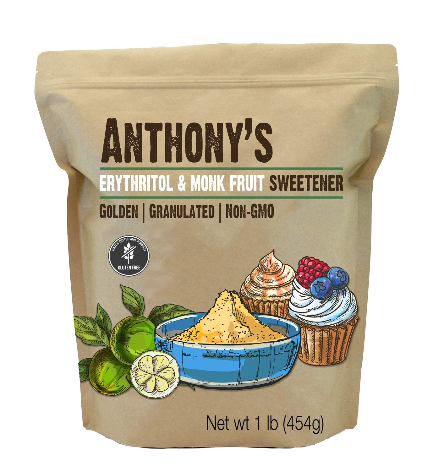 Anthony&#39;s Erythritol and Monk Fruit Sweetener Golden, 1 lb, Granulated, 1 to 1 Brown Sugar Substitute, Non GMO, Keto Friendly