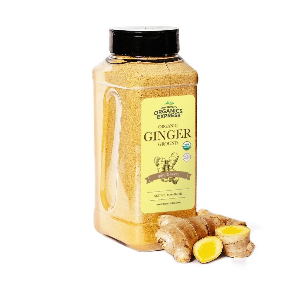 HQOExpress Organic Ground Ginger - Non GMO, Kosher, USDA Certified Organic Ginger Powder - Hot and Spicy Aromatic Seasoning for Baking, Rubs, Marinades and Smoothies, 14 oz. Chef Jar