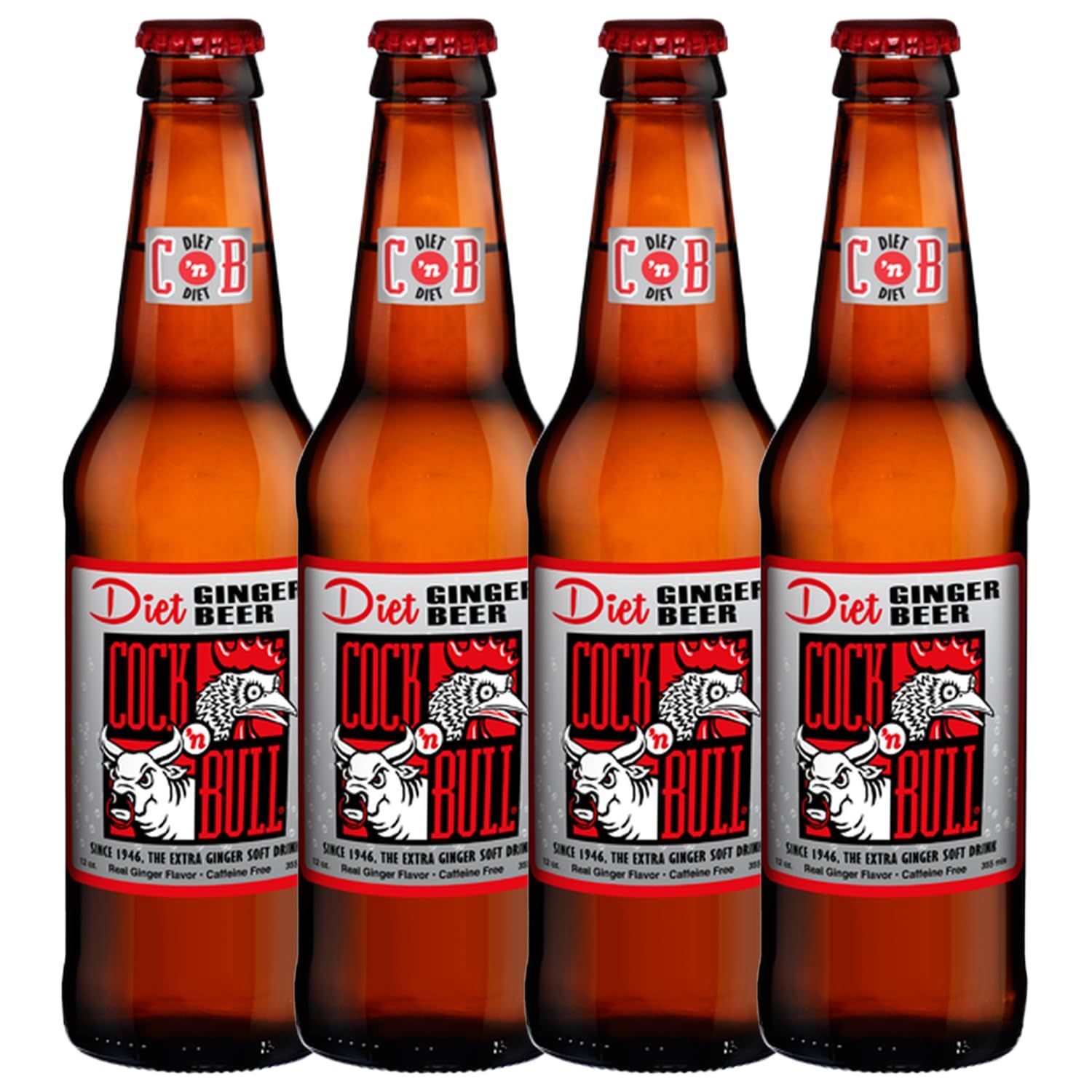 Cock n Bull Diet Ginger Beer 4 Pack 12oz Soda Bottles - Ideal Mixer for Cocktails, Mocktails, and Bartenders - Premium Quality for Perfect Mixed Drinks - Refreshing Fla-vor Profile- Made In USA