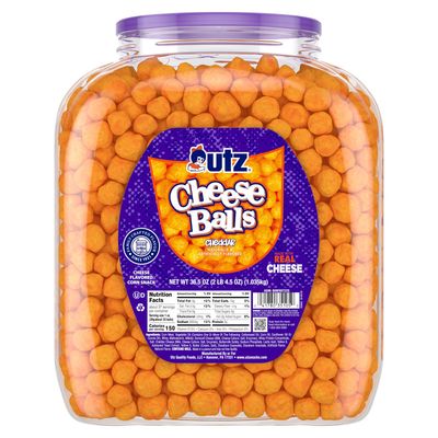Utz Cheese Balls Barrel, Tasty Snack Baked with Real Cheddar Cheese, Delightfully Poppable Party Snack, Gluten, Cholesterol and Trans-Fat Free, Kosher Certified, 36.5 Oz