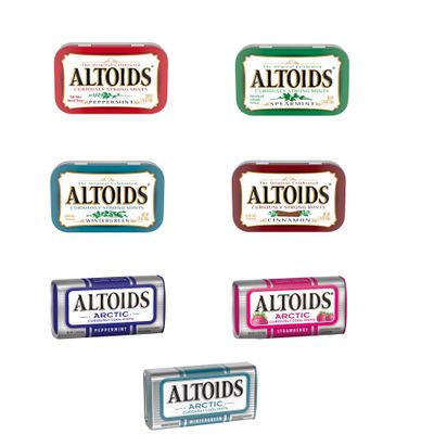 Altoids Variety Pack- 7 Flavors Include- Altoids Peppermint, Altoids Cinnamon, Altoids Wintergreen, Spearmint, Altoids Strawberry Arctic, Arctic Peppermint, and Arctic Wintergreen by Snackivore.