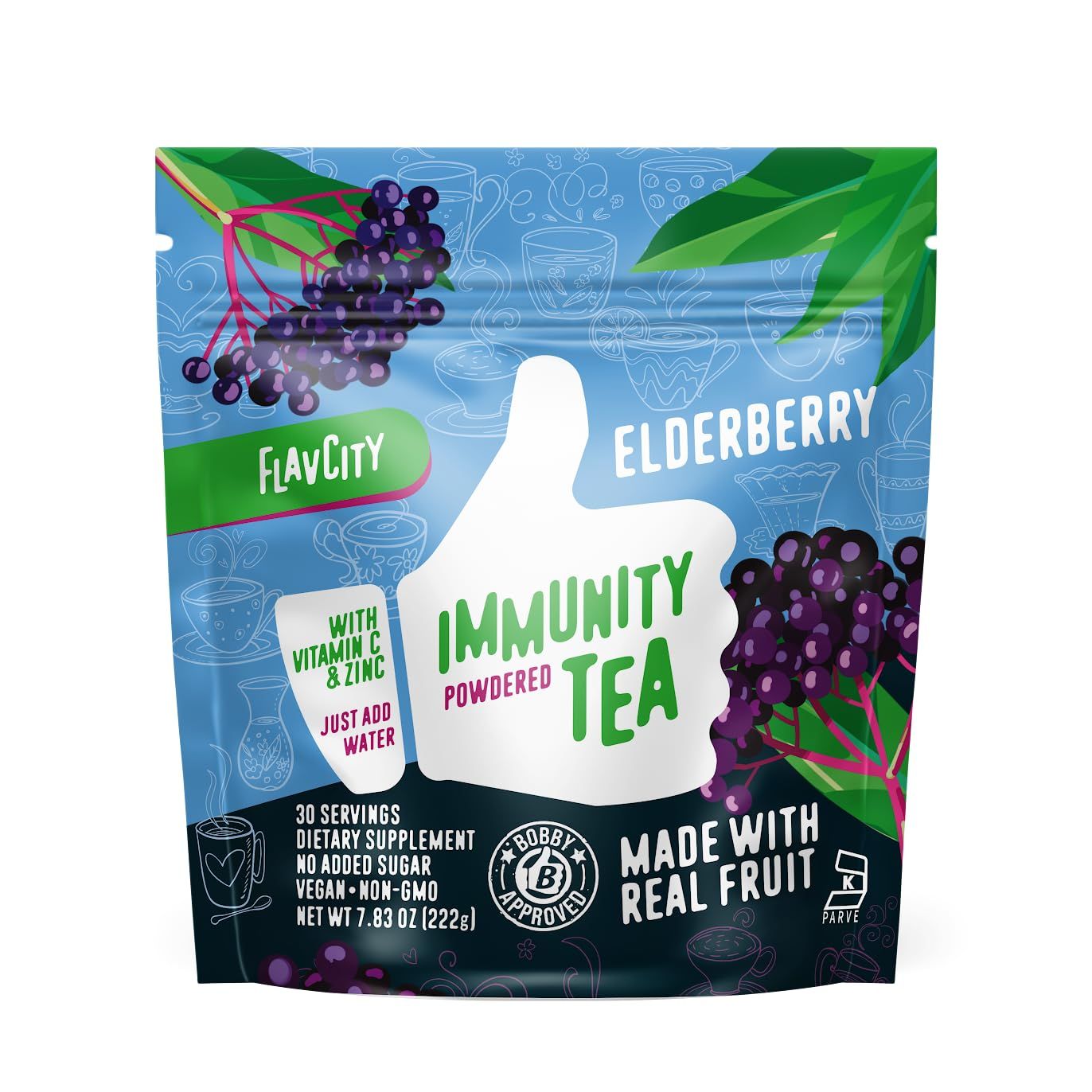 FlavCity Daily Defense Elderberry Immunity Tea with No Added Sugar - Delicious Caffeine-Free Herbal Tea Mix with Acerola Vitamin C &amp; Zinc - Shelf-Stable, Vegan, Keto &amp; Non-GMO (7.4 Oz, 30 Servings)
