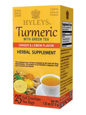 Hyleys Turmeric with Green Tea Ginger &amp; Lemon Flavor - Natural Antioxidant Blend - 25 Tea Bags