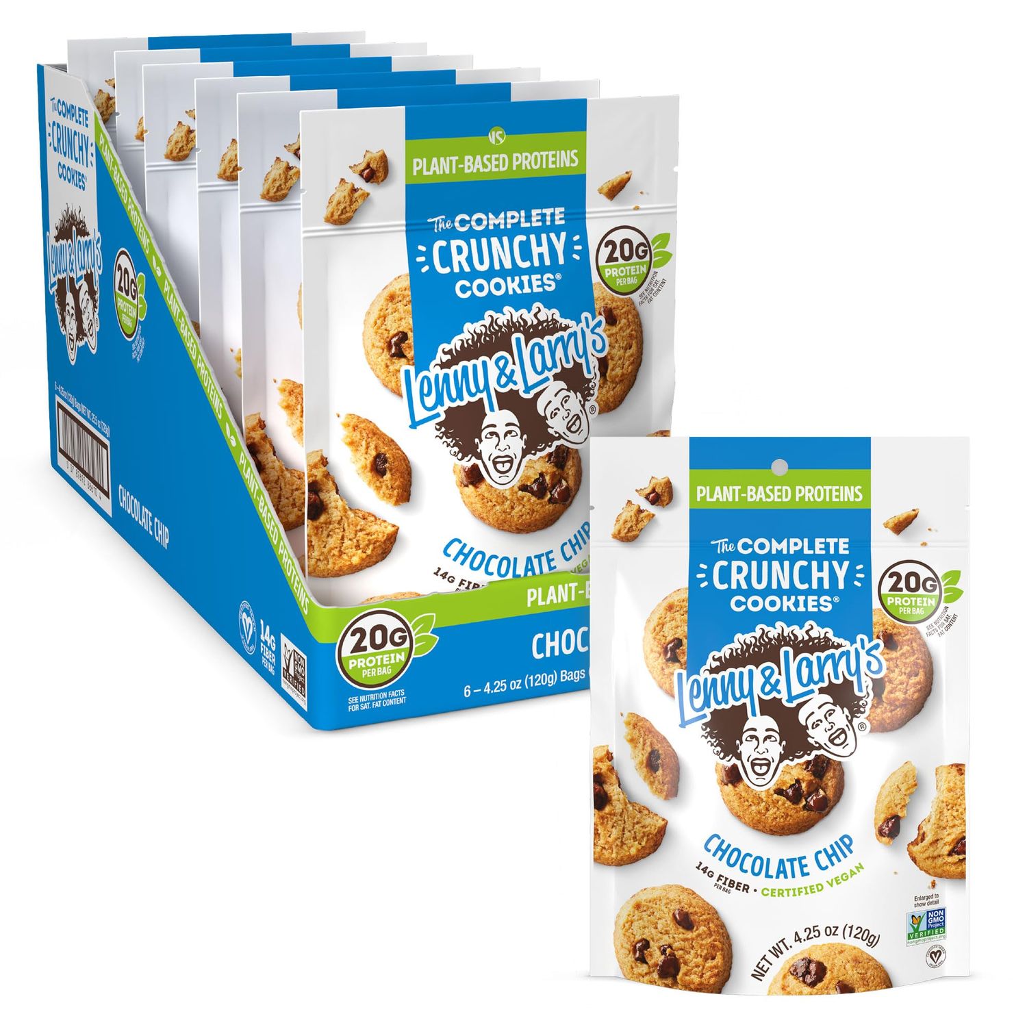 Lenny &amp; Larry&#39;s The Complete Crunchy Cookie, Chocolate Chip, 6g Plant Protein, Vegan, Non-GMO, 4.25 Ounce Pouch (Pack of 6)