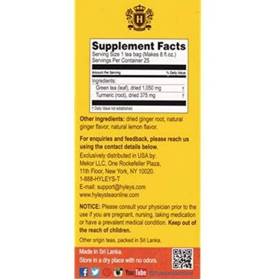 Hyleys Turmeric with Green Tea Ginger &amp; Lemon Flavor - Natural Antioxidant Blend - 25 Tea Bags