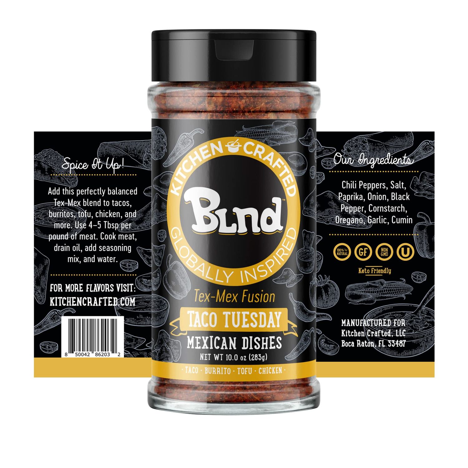 Kitchen Crafted - BLND Taco Tuesday, Gluten Free Taco Seasoning Mix, Herbs, Spices &amp; Seasonings for Cooking Taco Meat, Enchilada, or Burrito, Non GMO Chipotle Mexican Seasonings, 10oz