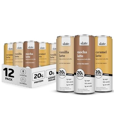 Slate Milk - High Protein Iced Coffee - Energy Variety Pack - Caramel Latte, Mocha Latte, Vanilla Latte - 175mg Caffeine, Lactose Free - 20g Protein, 1g Sugar - Protein Coffee - 11 fl oz, 12 Cans