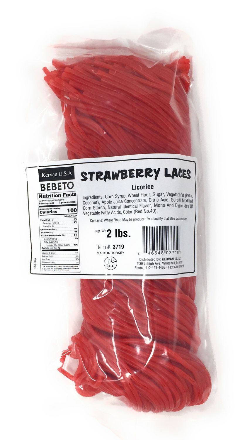 Kervan Candy Bebeto Strawberry Licorice Laces - Red Shoestring Licorice Laces for Braiding, Decorating Baked Goods &amp; Making Knots - Soft &amp; Chewy Candy (2 lbs)