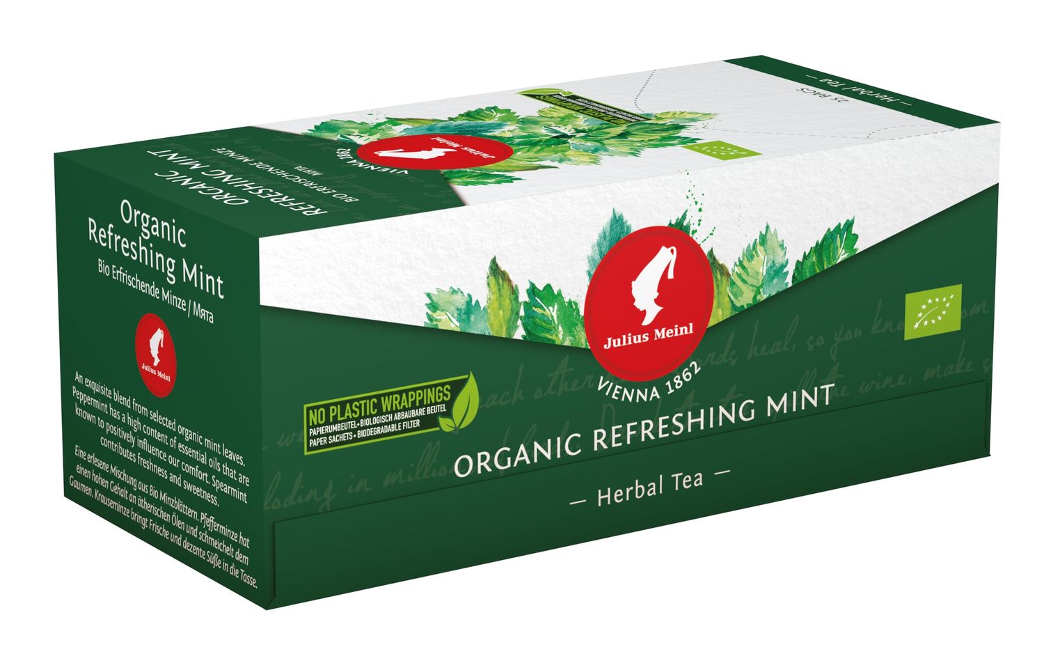 Julius Meinl Organic Refreshing Mint Herbal Tea 25 tea bags - Plastic Free Packaging &amp; Biodegradeable Filter