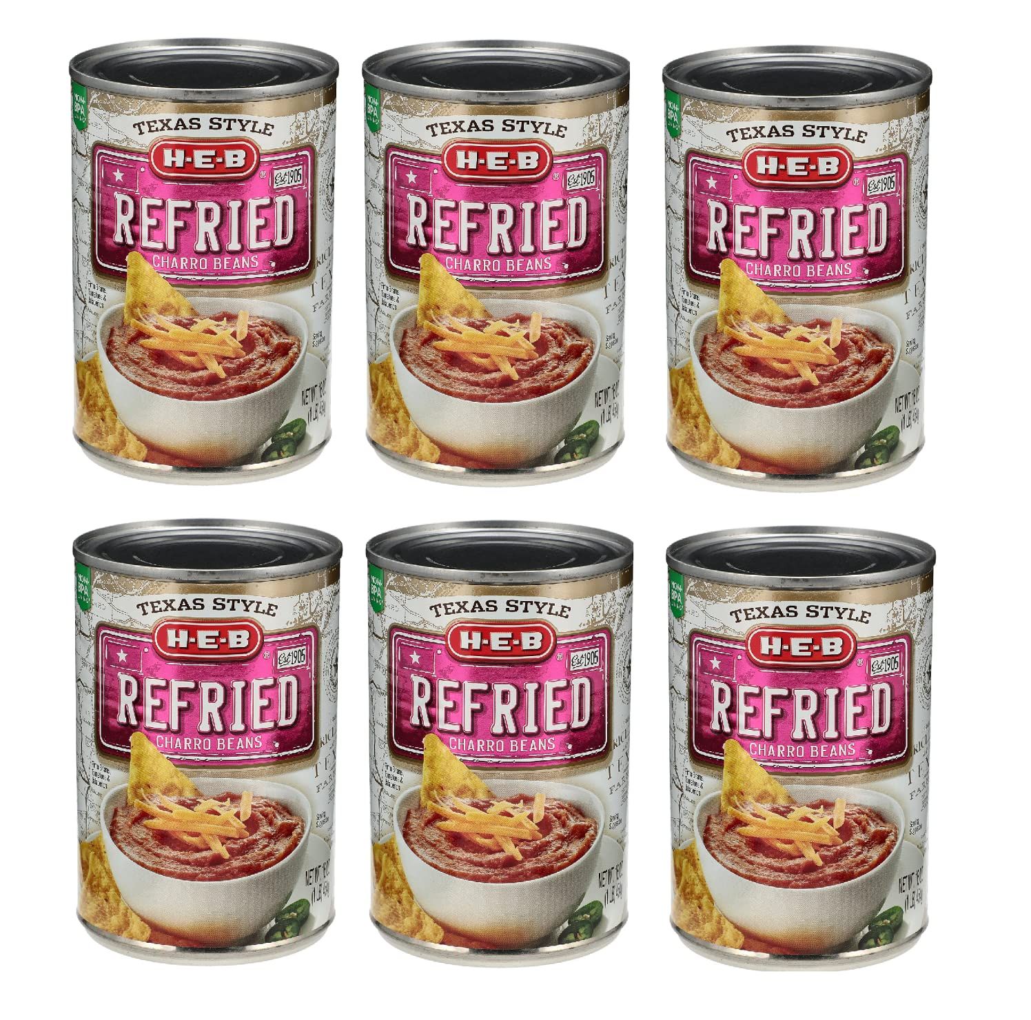 Al Amin Foods Texas Style Refried Charro Beans 6 Cans 16 oz (1 LB - 454g) BY: H-E-B