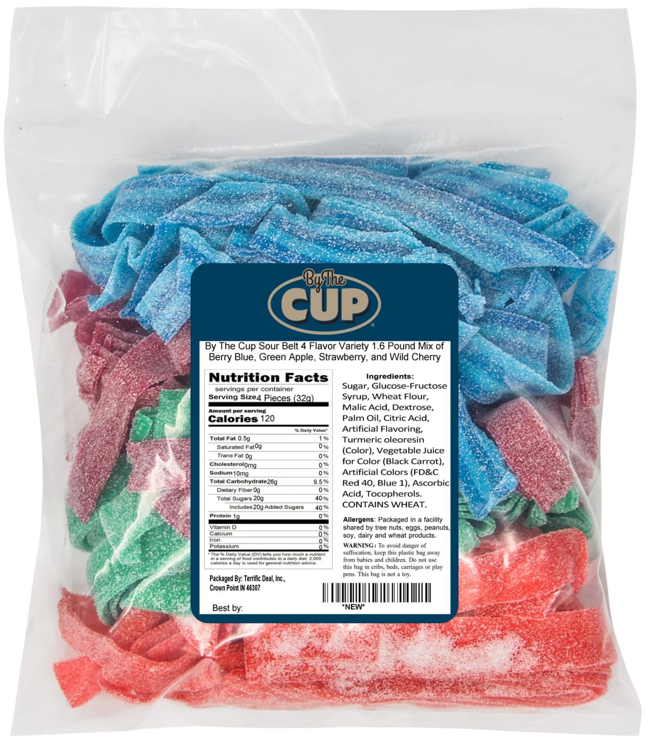 By The Cup Sour Belt 4 Flavor Variety 1.6 Pound Mix of Berry Blue, Green Apple, Strawberry, and Wild Cherry