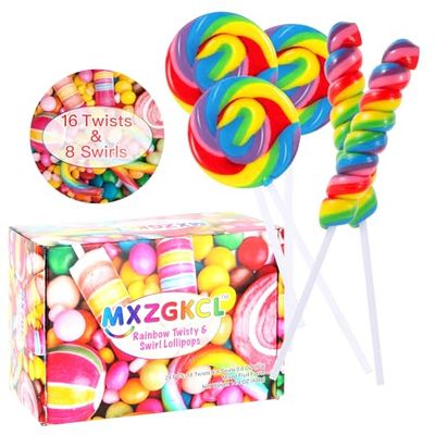 Big Size! 24 Pack Twisty Lollipop, Swirl Lollipop, Rainbow Twist and Swirl Lollipops Individually Wrapped Bulk, Kid&#39;s Lollipops Candy for Birthday, Net 17g Mixed Fruit Flavor