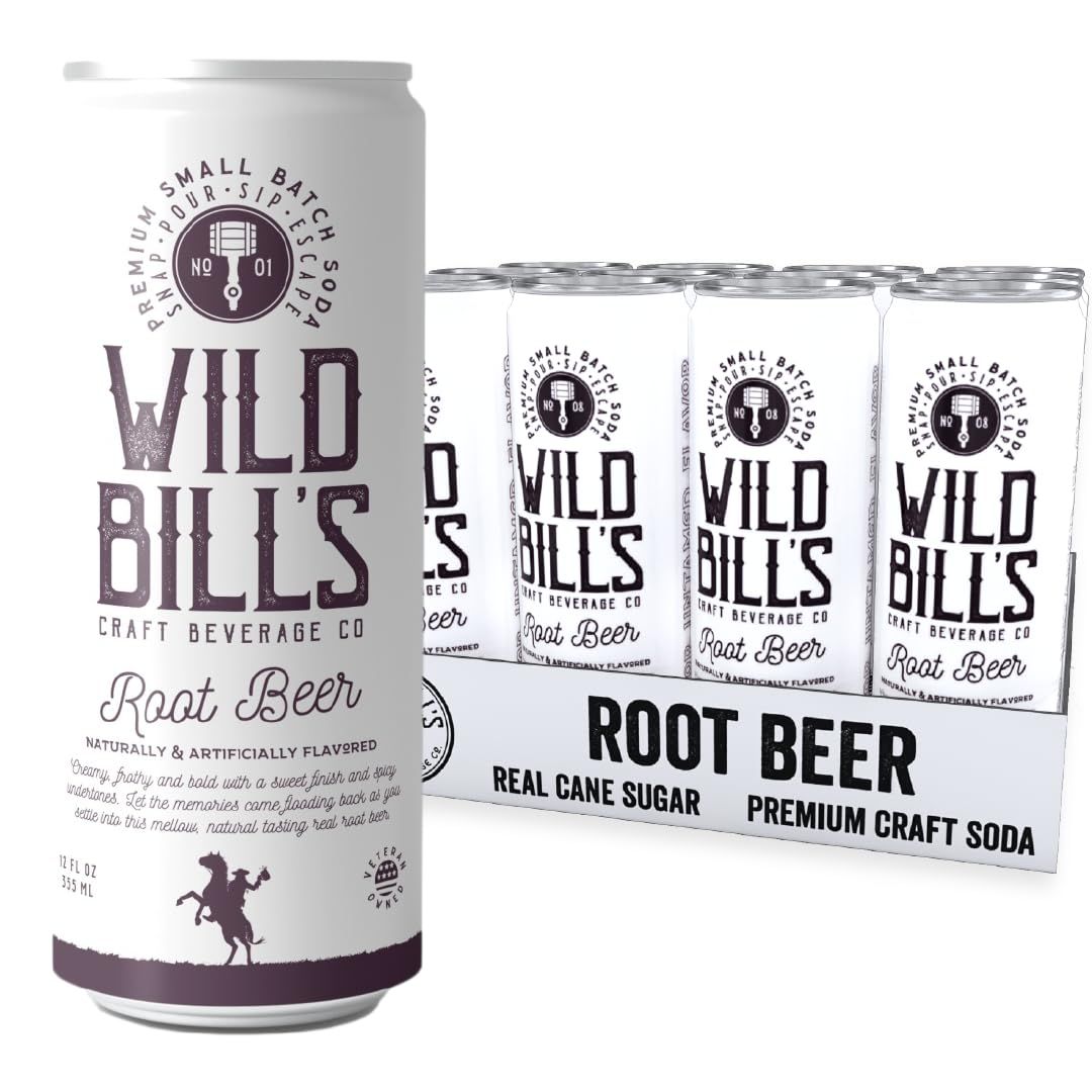 Wild Bill&#39;s Classic Root Beer Soda Classic Craft Soda Pop Soft Drinks, Sodas Made with Pure Cane Sugar, Caffeine Free, NO High Fructose Corn Syrup, Gluten Free, Vegan, Low Sodium, 12 Oz 12 Pack