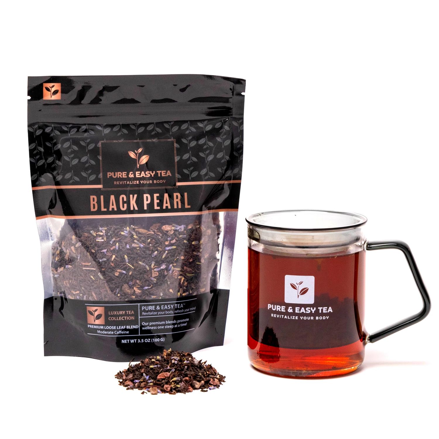 Pure And Easy Tea, Black Pearl, Flowery Orange Pekoe, Dried Vanilla Bean, Cocoa, Lavender Buds, Luxury Loose Leaf Blend, Decadent &amp; Smooth, 100% Natural, Caffeinated, 100g/3.5oz