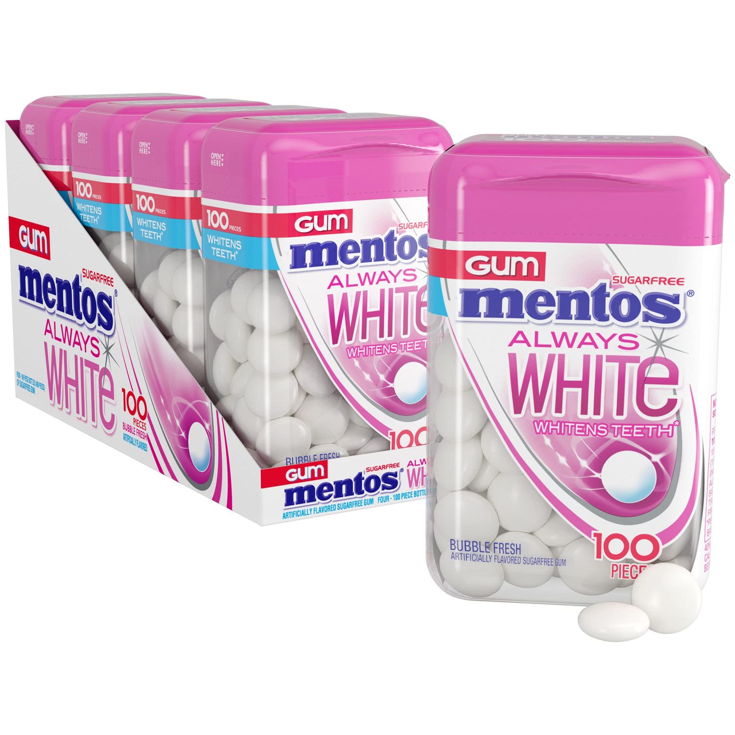 Mentos Always White Bubble Fresh Sugar Free Gum with Xylitol Sweetener, 100 Count Bottle, 4 Bottles