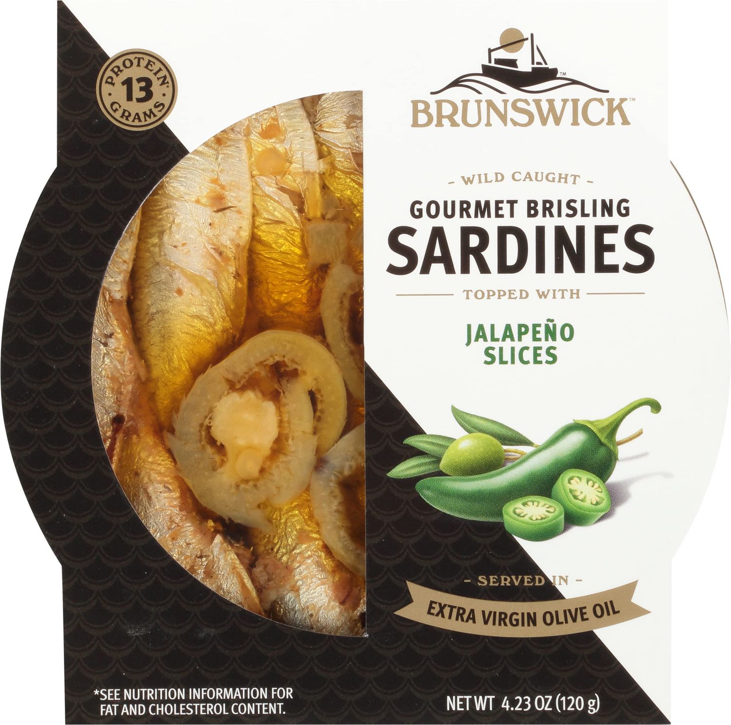 Brunswick Wild Caught Gourmet Brisling Sardines in Extra Virgin Olive Oil Topped with Jalapeo Slices,4.23 oz Can (Pack of 12)- Wild Caught Sardines- 13g Protein per Serving- Gluten No,Keto Friendly