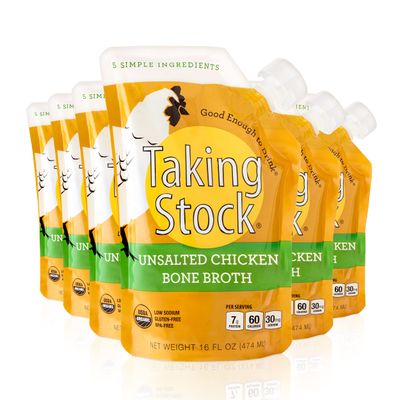 Taking Stock Unsalted Chicken Bone Broth, Nutrient Dense Organic Broth, BPA Free, Gluten-Free, High Protein, Low Calorie, Sipping Broth, 16 Oz, 6Pk