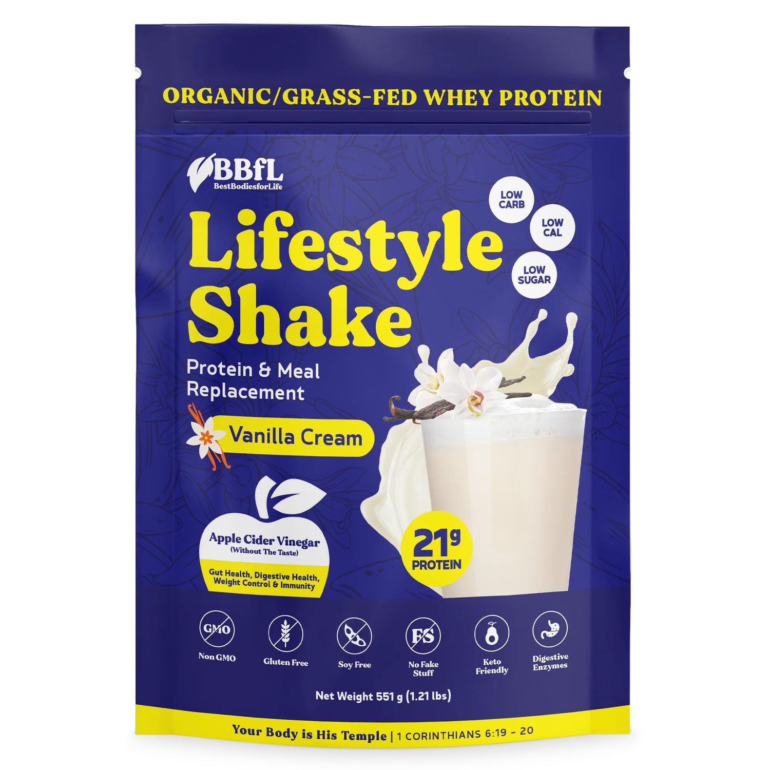 BBfL Meal Replacement Shakes, 21g Protein, Organic Whey Protein Powder, Apple Cider Vinegar, Digestive Enzymes, All in One Shake for Women &amp; Men (15 Servings, Vanilla Cream)