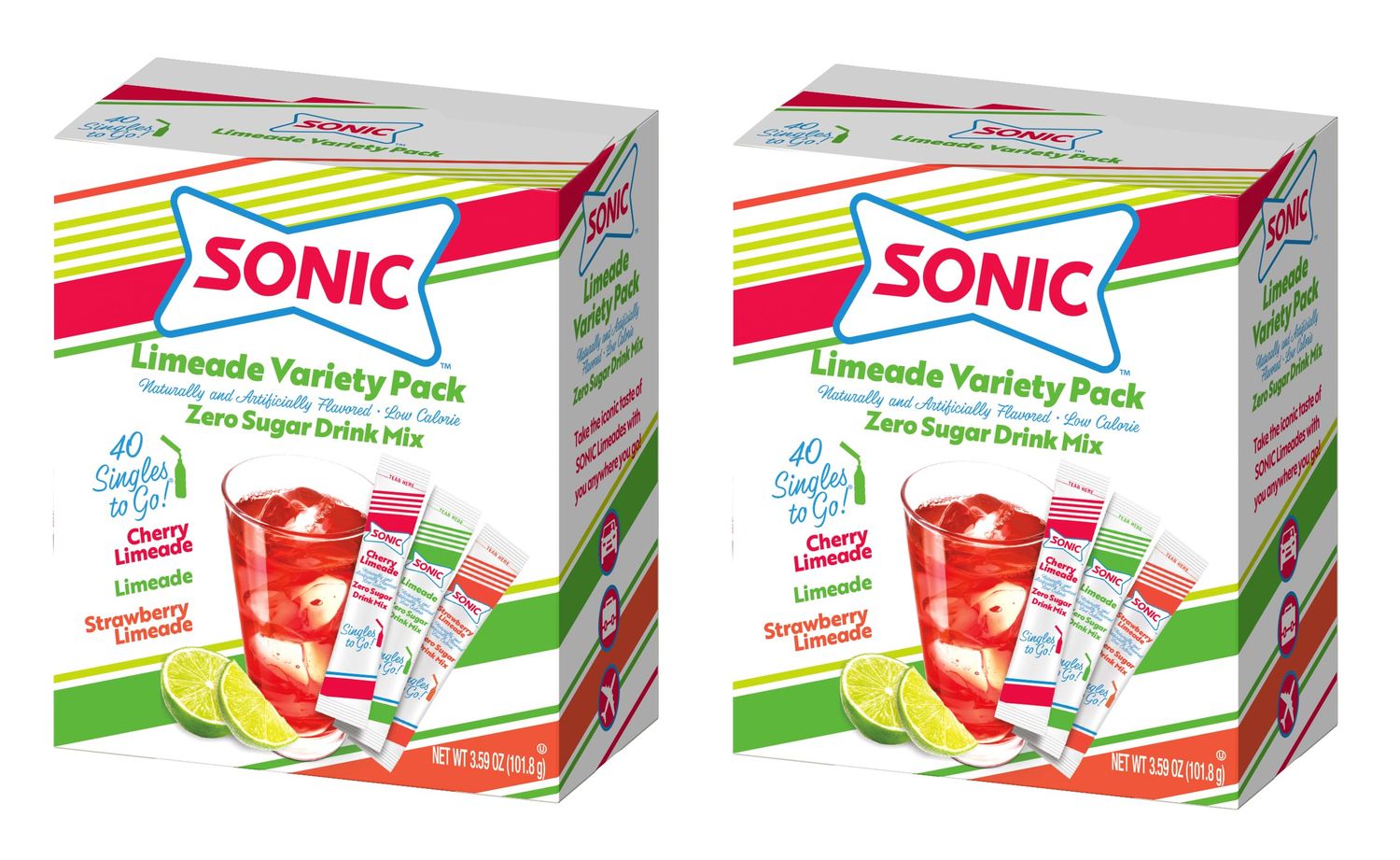 Sonic Singles To Go Limeade Variety Pack 40ct Box - Pack of 2 - Powdered Drink Mix - 3 Delicious Flavors Cherry Limeade, Limeade, and Strawberry Limeade