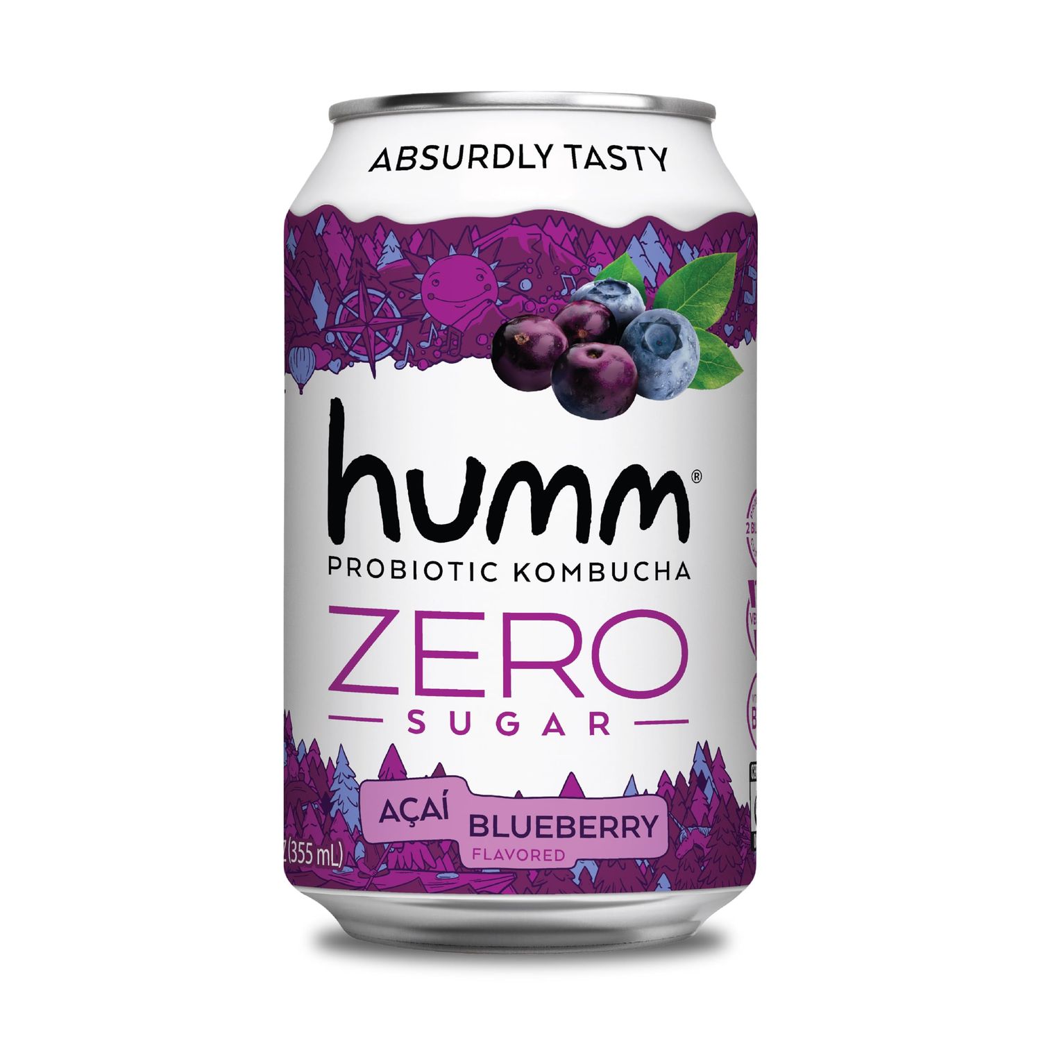 Humm Probiotic Kombucha Zero Sugar Blueberry Acai - No Refrigeration Needed, Keto-Friendly, Organic, Vegan, Gluten-Free - 12oz Cans (8 Pack)