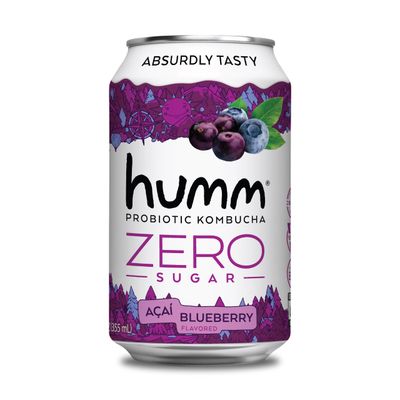 Humm Probiotic Kombucha Zero Sugar Blueberry Acai - No Refrigeration Needed, Keto-Friendly, Organic, Vegan, Gluten-Free - 12oz Cans (8 Pack)