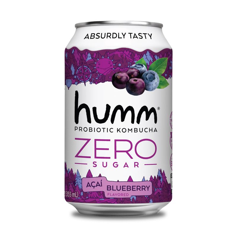 Humm Probiotic Kombucha Zero Sugar Blueberry Acai - No Refrigeration Needed, Keto-Friendly, Organic, Vegan, Gluten-Free - 12oz Cans (8 Pack)