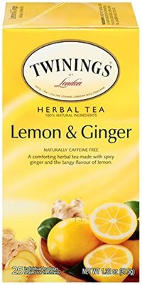 Twinings Lemon &amp; Ginger Individually Wrapped Herbal Tea Bags, 25 Count (Pack of 1), Spicy Ginger, Lemon Peel and Lemongrass with eRaiyan Sticker