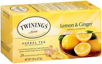 Twinings Lemon &amp; Ginger Individually Wrapped Herbal Tea Bags, 25 Count (Pack of 1), Spicy Ginger, Lemon Peel and Lemongrass with eRaiyan Sticker