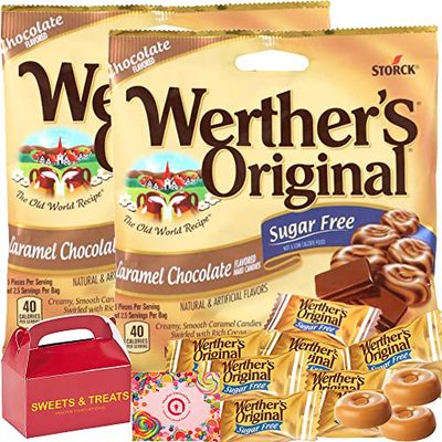 Werther&#39;s Original Sugar-Free Caramel Hard Candy Individually Wrapped Creamy Soft Smooth | Treat Box Included (Caramels Chocolate Rich Cocoa - 2 Bags)