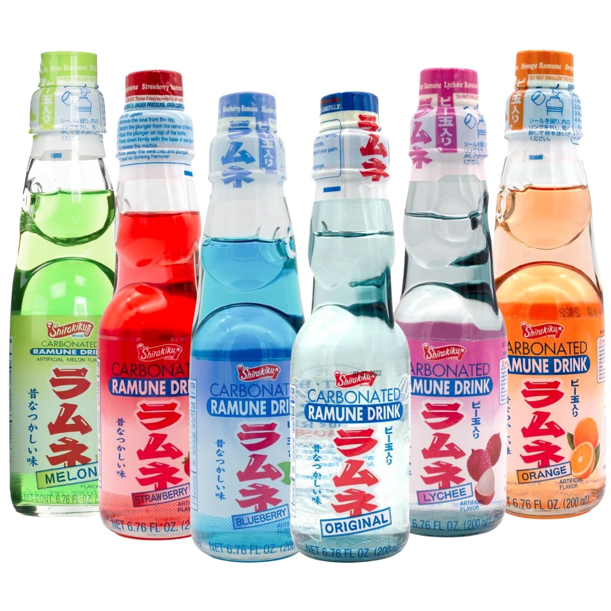 UNHA&#39;S ASIAN SNACK BOX Ramune Japanese Marble Soda Variety Pack - Multiple Flavors - Original, Strawberry, Blueberry, Melon, Lychee, and Orange, Japanese Drink Gift Box (6 Count)