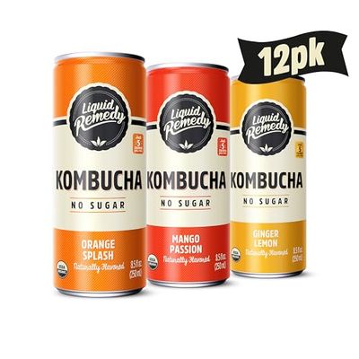 Liquid Remedy Kombucha Sugar Free Organic Drink, Low Calorie, Probiotic Like Tea for Gut Health - Tropical Trio Variety Pack- 8.5 Fl Oz Can, 12-Pack