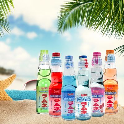 UNHA'S ASIAN SNACK BOX Ramune Japanese Marble Soda Variety Pack - Multiple Flavors - Original, Strawberry, Blueberry, Melon, Lychee, and Orange, Japanese Drink Gift Box (6 Count)