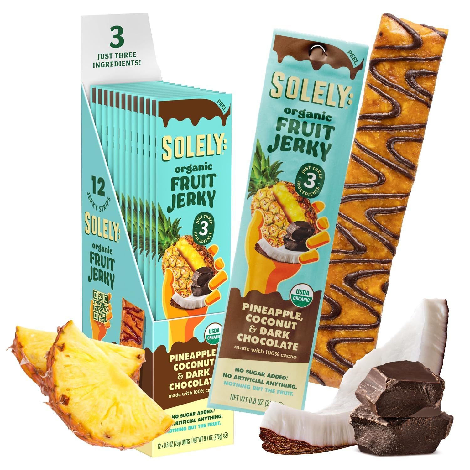 SOLELY - Organic Pineapple Coconut Chocolate Drizzled Fruit Jerky - 12 Individually Wrapped Fruit Strips - Fruit Leather Made from Dried Fruit - Healthy Snacks for Adults &amp; Kids - Vegan - 0.8oz (23g)