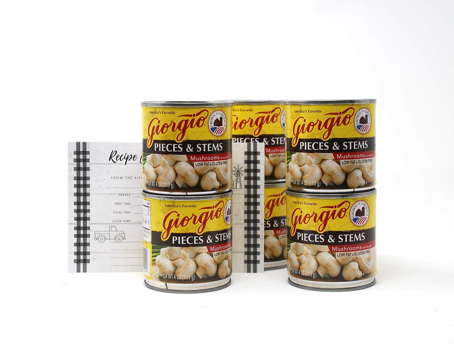 Giorgio Pieces and Stems Mushrooms, 4 Oz, 6 x 4 oz Cans of Giorgio Mushrooms, Pieces and stems, Bundled with JFS Recipe Card